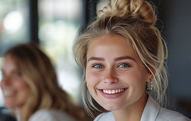 Een vrouw die om iets glimlacht