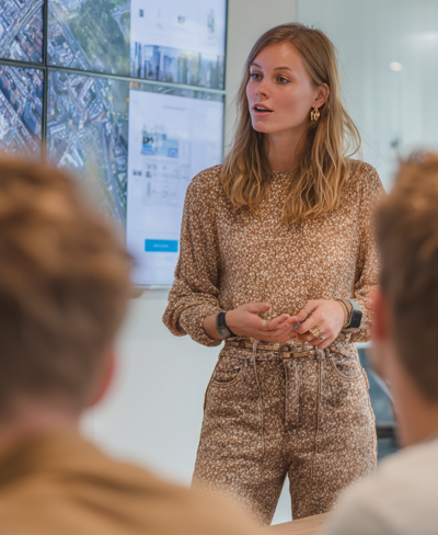 Een vrouw die voor een scherm staat