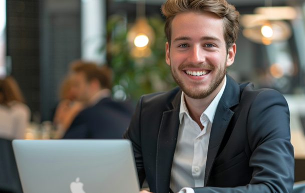 Een man die naar de camera glimlacht