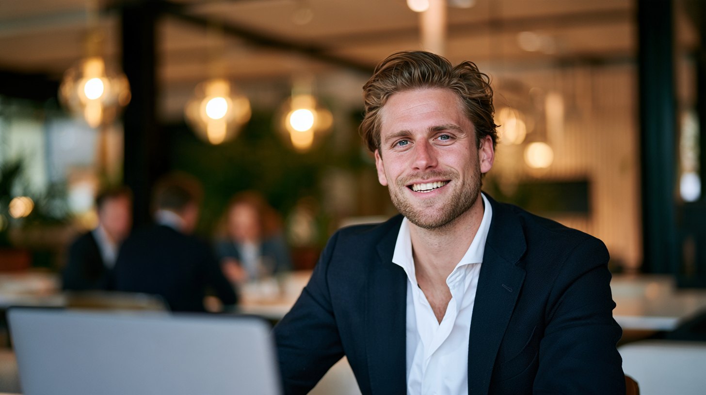 Glimlachende fondsmanager aan zijn bureau op kantoor