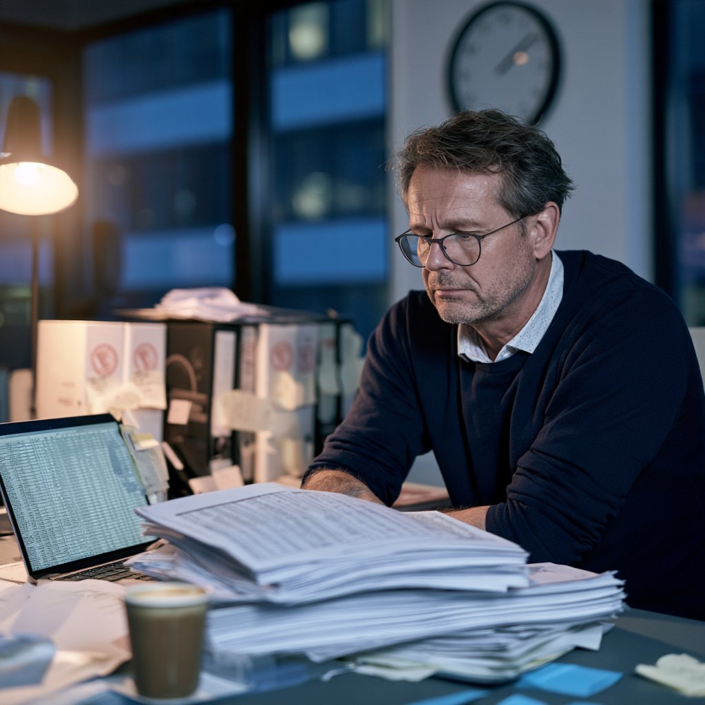 Beheerder werkt zich door een stapel papieren rapportages naast een spreadsheet