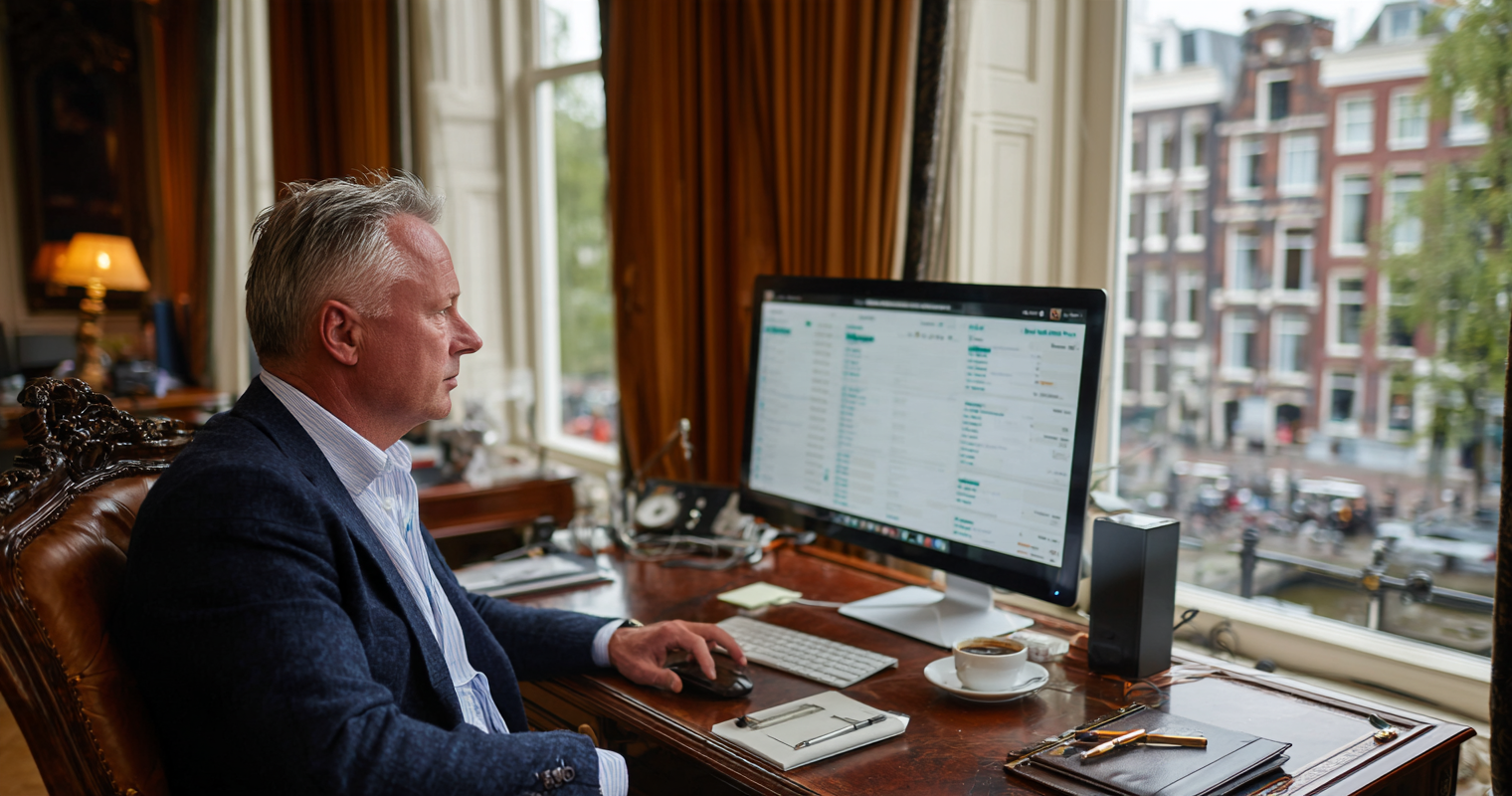 Een man die aan een bureau zit en naar een computer kijkt
