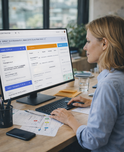 Een vrouw die aan een bureau zit en een computer gebruikt