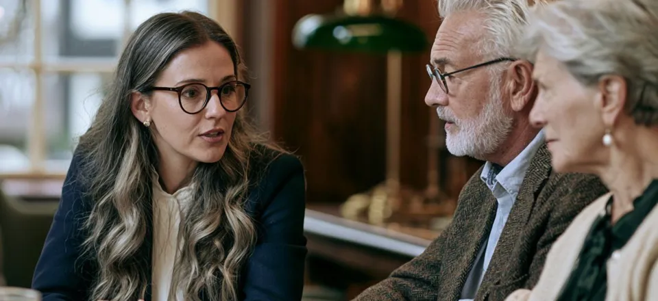 Adviseur voert een intakegesprek met twee oudere beleggers