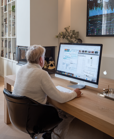 Een vrouw die aan een bureau zit en naar een computer kijkt