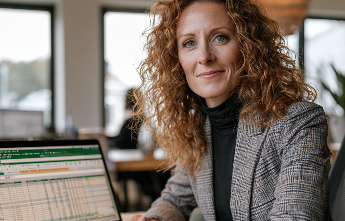 Een vrouw die aan een tafel zit met een laptop en een kop koffie